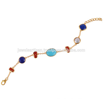 Arizona Turquoise, Lapis, Coral, Pearl and 18k Gold Plated Silver Bracelet